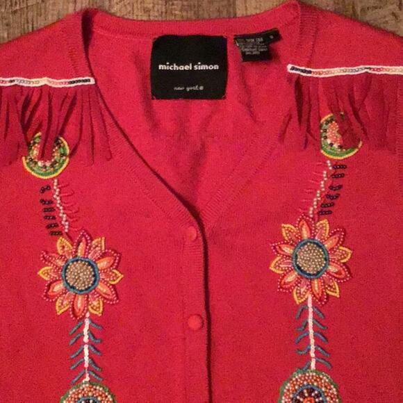 MICHAEL SIMON SPUN SILK Cotton RED Knitted Beaded FRINGEY VEST SML - Picture 12 of 13